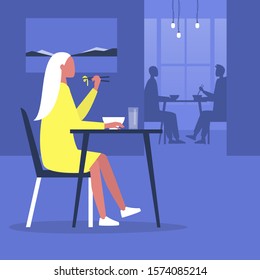 Young female character eating noodles with chopsticks inside a modern oriental restaurant, millennial lifestyle, eating out
