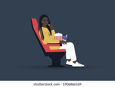 Young female character eating snacks and watching a movie at the cinema, entertainment concept