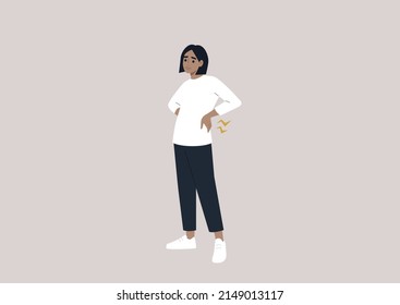Eine junge weibliche Figur mit schweren Rückenschmerzen, inaktiven Lifestyle- und Haltungsproblemen