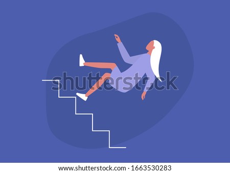 Young female character falling from a staircase, misfortune, failure concept