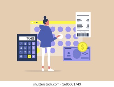 Young female character filing a tax return, Declaring an income