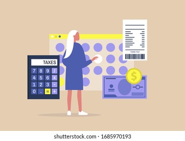 Young female character filing a tax return, Declaring an income