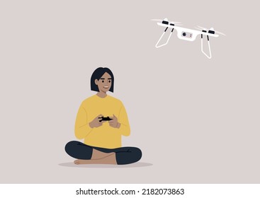 A young female character flying a drone with a remote control, new technologies