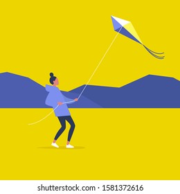 Young female character flying a kite outdoor, leisure pursuit