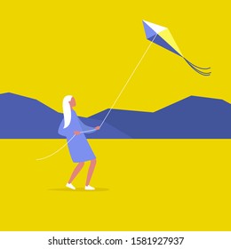 Young female character flying a kite outdoor, leisure pursuit