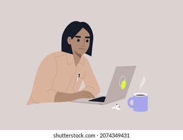 A young female character focused on their work, a workplace scene, daily routine