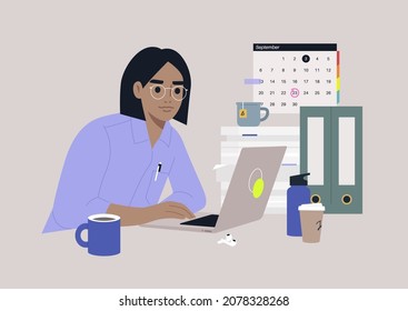 A young female character focused on their work, a workplace scene, daily routine