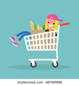 Young female character fooling around in the supermarket. Riding in the cart / flat editable vector illustration, clip art