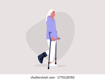 Young female character with a fractured leg using crutches to walk, health care