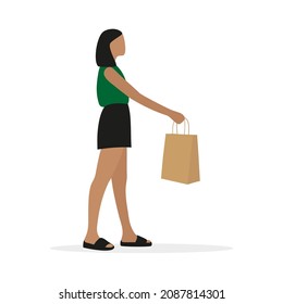 Young female character giving paper bag on white background