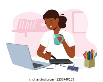 Young Female Character Graphic Designer Seated At Desk Using Computer Making Sketch on Tablet at Workplace. Woman with Creative Expression and Focused Look On Face. Cartoon People Vector Illustration