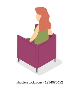 Young female character in green dress sitting in armchair and waiting. Woman relax in comfort. Isolated vector isometric illustration