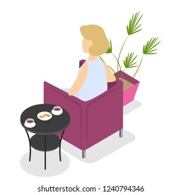 Young female character in green dress sitting in armchair and waiting. Woman relax in comfort with coffee and dessert. Isolated vector isometric illustration
