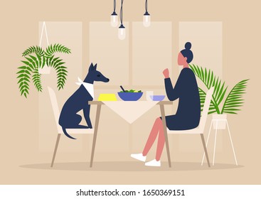 Young female character having dinner with their dog at the table, pampered animals, millennials being crazy over dogs