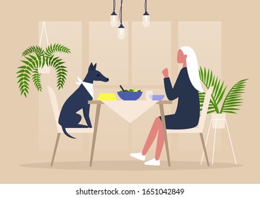 Young Female Character Having Dinner With Their Dog At The Table, Pampered Animals, Millennials Being Crazy Over Dogs