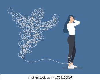 Young female character having a panic attack illustration, an imaginary rope monster, mental health issues, psychology