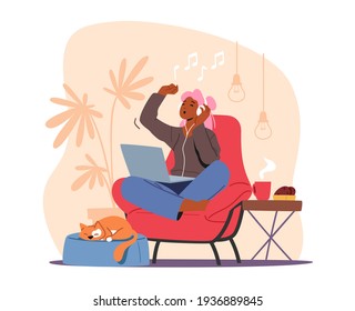 Young Female Character in Headphones Listen Music on Laptop. Happy Woman Sit on Armchair Moving Body to Sound Rhythm and Sing Alone at Home, Happy Leisure and Sparetime. Cartoon Vector Illustration