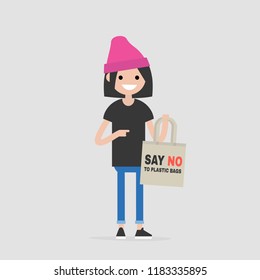 Young female character holding a canvas tote. Eco friendly behaviour. Eco bag. Shopper. Flat editable vector illustration, clip art