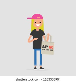 Young female character holding a canvas tote. Eco friendly behaviour. Eco bag. Shopper. Flat editable vector illustration, clip art