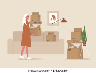 Young female character holding cardboard boxes, moving to a new apartment, relocation, home interior