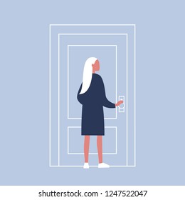 Young female character holding a door knob. Entering the building. Flat editable vector illustration, clip art