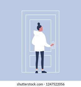 Young Female Character Holding A Door Knob. Entering The Building. Flat Editable Vector Illustration, Clip Art