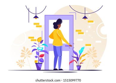 Young female character holding a door knob. Entering the building. Flat editable vector illustration, clip art