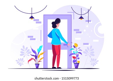 Young female character holding a door knob. Entering the building. Flat editable vector illustration, clip art