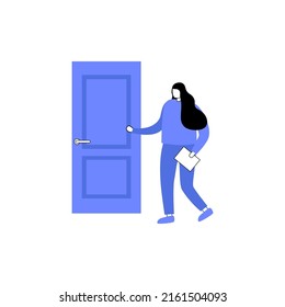 Young female character holding a door knob. Entering the building. Girl knocks in door and holds a pice of paper in hand. Woman goes for an interview. Flat editable vector illustration, clip art