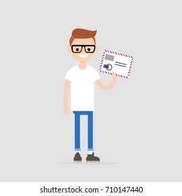 Young female character holding an envelope with the stamps. Paper letter. Correspondence / flat editable vector illustration, clip art
