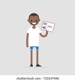 Young female character holding an envelope with the stamps. Paper letter. Correspondence / flat editable vector illustration, clip art