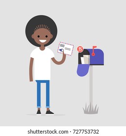 Young female character holding an envelope with the stamps. Paper letter. Correspondence / flat editable vector illustration, clip art