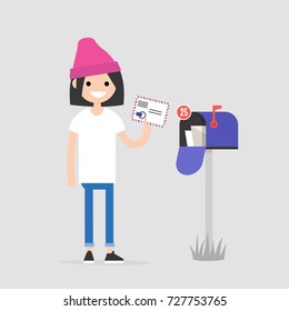 Young female character holding an envelope with the stamps. Paper letter. Correspondence / flat editable vector illustration, clip art