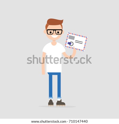 Young female character holding an envelope with the stamps. Paper letter. Correspondence / flat editable vector illustration, clip art