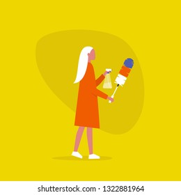 Young female character holding a feather duster and a bottle of cleaning spray. Cleaning the apartment.. Domestic chores. Flat editable vector illustration, clip art