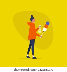 Young female character holding a feather duster and a bottle of cleaning spray. Cleaning the apartment.. Domestic chores. Flat editable vector illustration, clip art