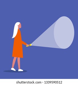 Young female character holding a flashlight. Your text here / Flat editable vector illustration, clip art