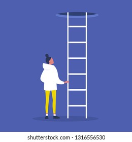 Young female character holding a ladder. Going up. Successful career. Opportunities. Conceptual vector illustration, clip art