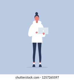 Young female character holding a laptop, front view. Millennials at work. Technology. Flat editable vector illustration, clip art