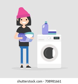 Young female character holding a laundry basket. Laundromat. Detergent. Daily chores concept. Flat editable vector illustration, clip art
