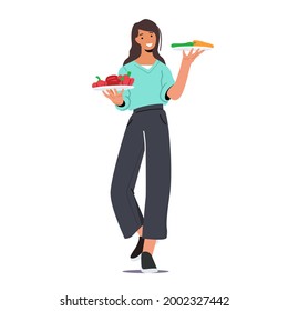 Personaje femenino joven con placas de verduras. Picnic Bbq, Comida Vegan, Estilo de vida saludable y nutrición orgánica, La Mujer Elige Productos Frescos Fortificados Naturalmente. Ilustración del vector de dibujos animados