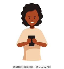 Young female character is holding a smartphone, smiling, and using a mobile application