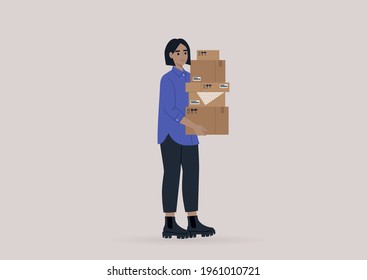 Una joven personaje femenino sostiene un montón de cajas de cartón, se muda, servicio de mensajería, envío de buzón