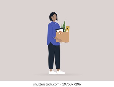 A young female character holding their personal belongings, unemployment concept