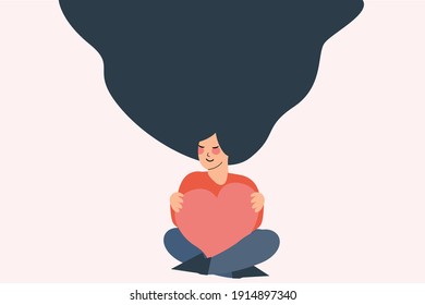 Young female character holds and hugs a big heart. Girl with wavy long hair care a pink heart with care and love while sitting. Woman love and self acceptance concept. Flat vector illustration.