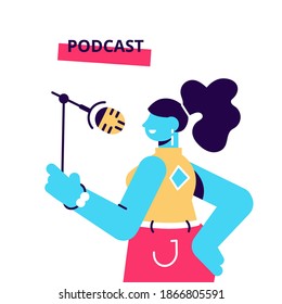 Young female character hosting a podcast, cover image template