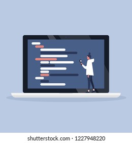 Young female character inspecting the programming code with a magnifying glass. Front end and back end. Web site. Flat editable vector illustration, clip art