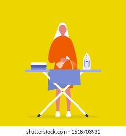 Young female character ironing clothes. Domestic chores. Daily routine. Millennial lifestyle. Flat editable vector illustration, clip art