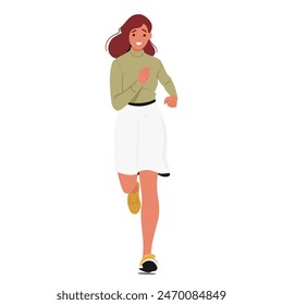 Young Female Character With A Joyful Expression, Jogging Front View. Cartoon Woman Dressed In A Trendy Green Top And White Skirt, Paired With Casual Yellow Sneakers, Exemplifying Health And Vitality