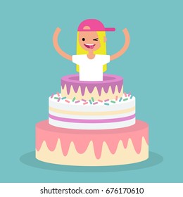 Young female character jumping out of a cake / flat editable vector illustration, clip art